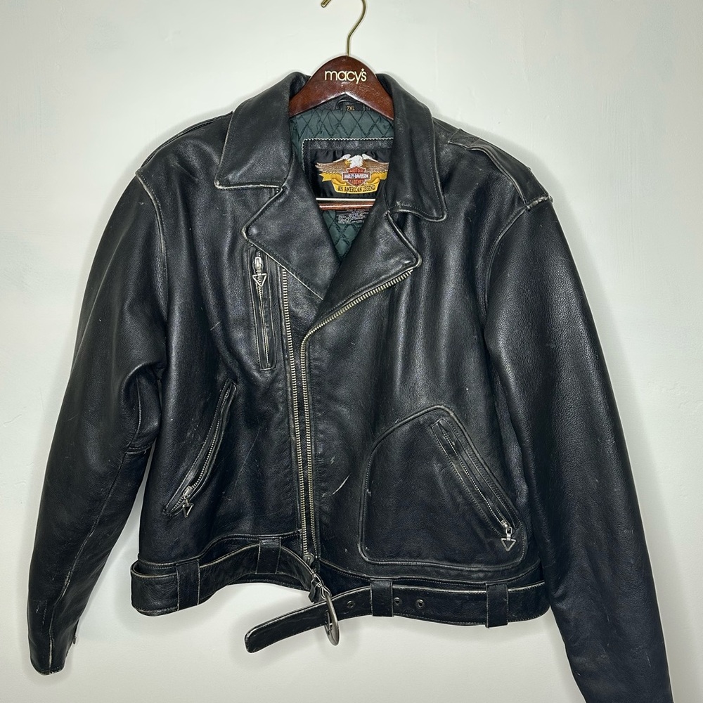 Harley-Davidson Vintage Black Leather Bomber Jacket with Belt (90’s)